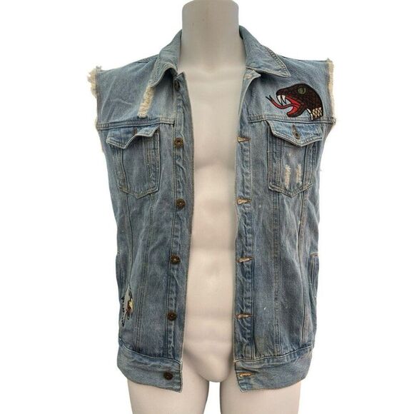 Mens M Trucker Denim Jean Jacket Cutoff Vest USA Snake Eagle Embroidered Patches - Picture 1 of 12